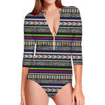 Colorful Leopard Navajo Tribal Print Long Sleeve Swimsuit