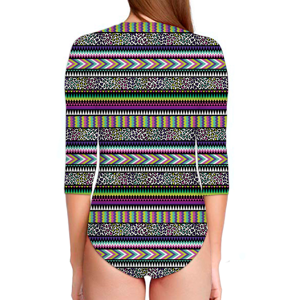 Colorful Leopard Navajo Tribal Print Long Sleeve Swimsuit