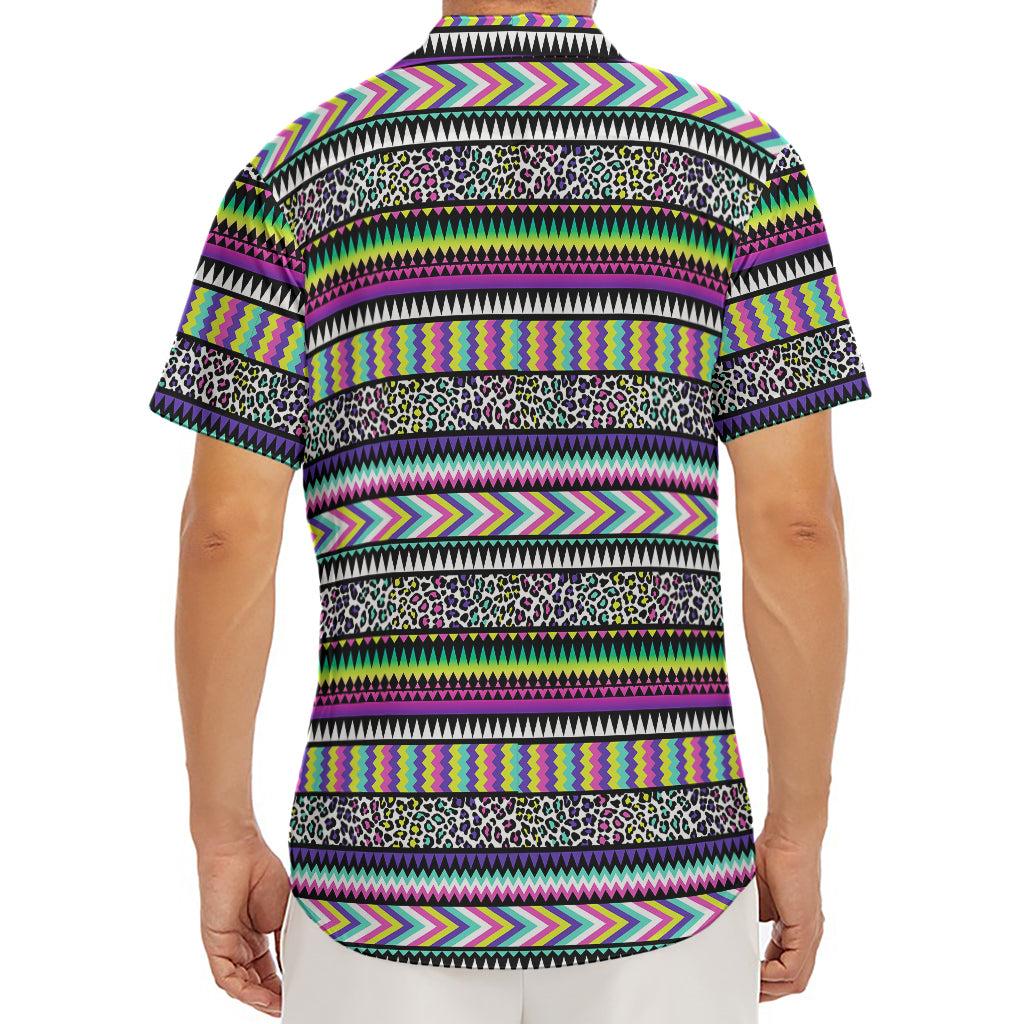 Colorful Leopard Navajo Tribal Print Men's Deep V-Neck Shirt