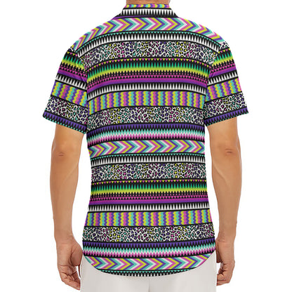 Colorful Leopard Navajo Tribal Print Men's Deep V-Neck Shirt
