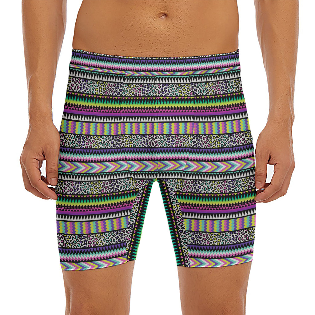 Colorful Leopard Navajo Tribal Print Men's Long Boxer Briefs