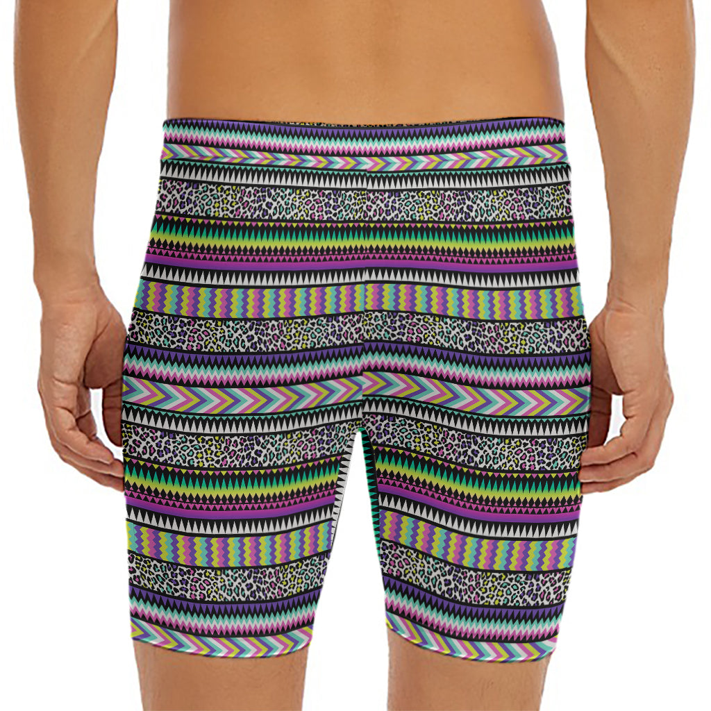 Colorful Leopard Navajo Tribal Print Men's Long Boxer Briefs