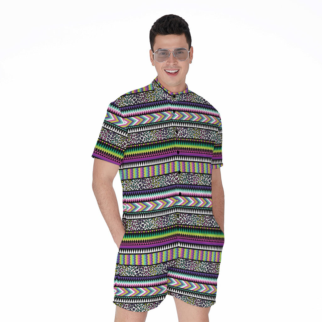 Colorful Leopard Navajo Tribal Print Men's Rompers