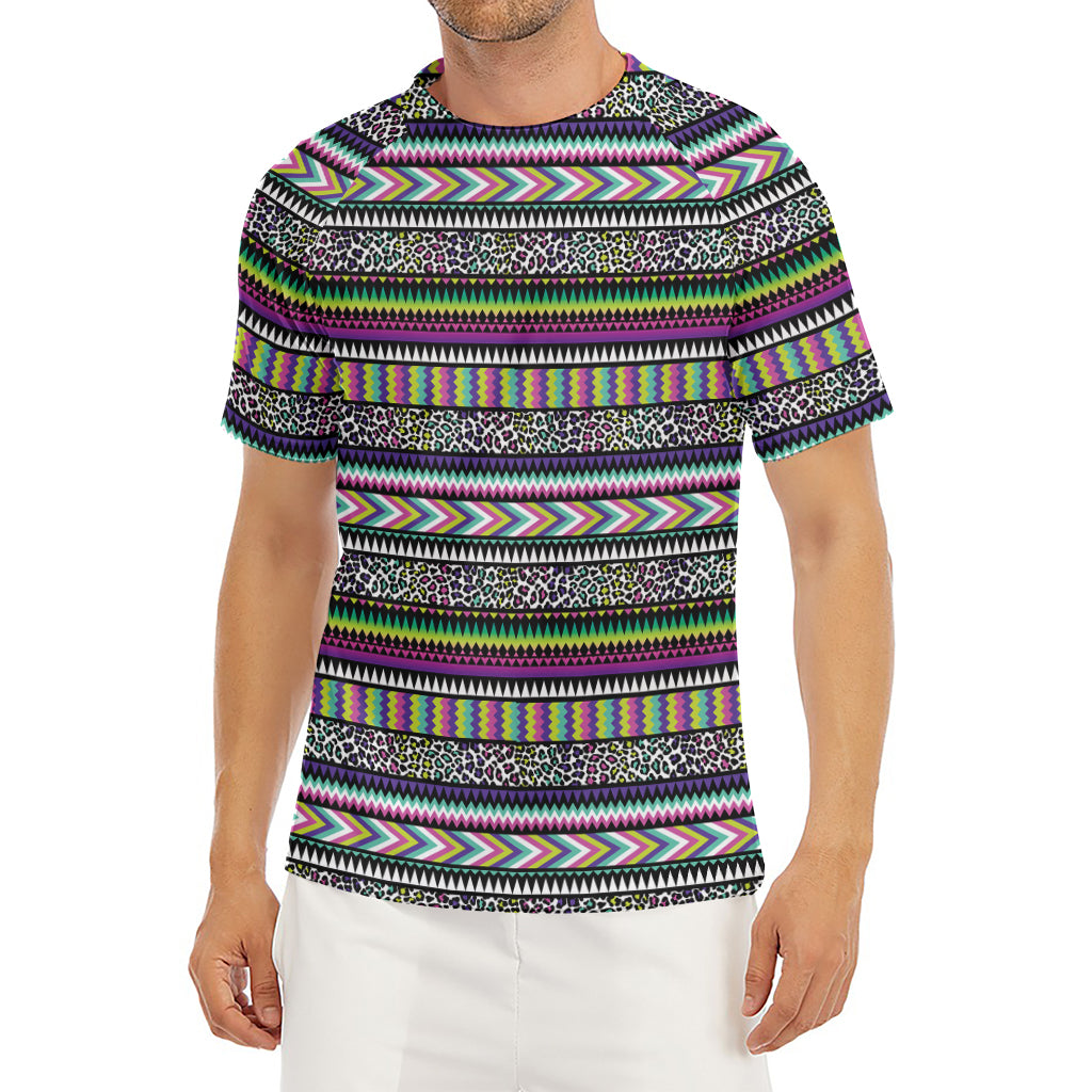 Colorful Leopard Navajo Tribal Print Men's Short Sleeve Rash Guard