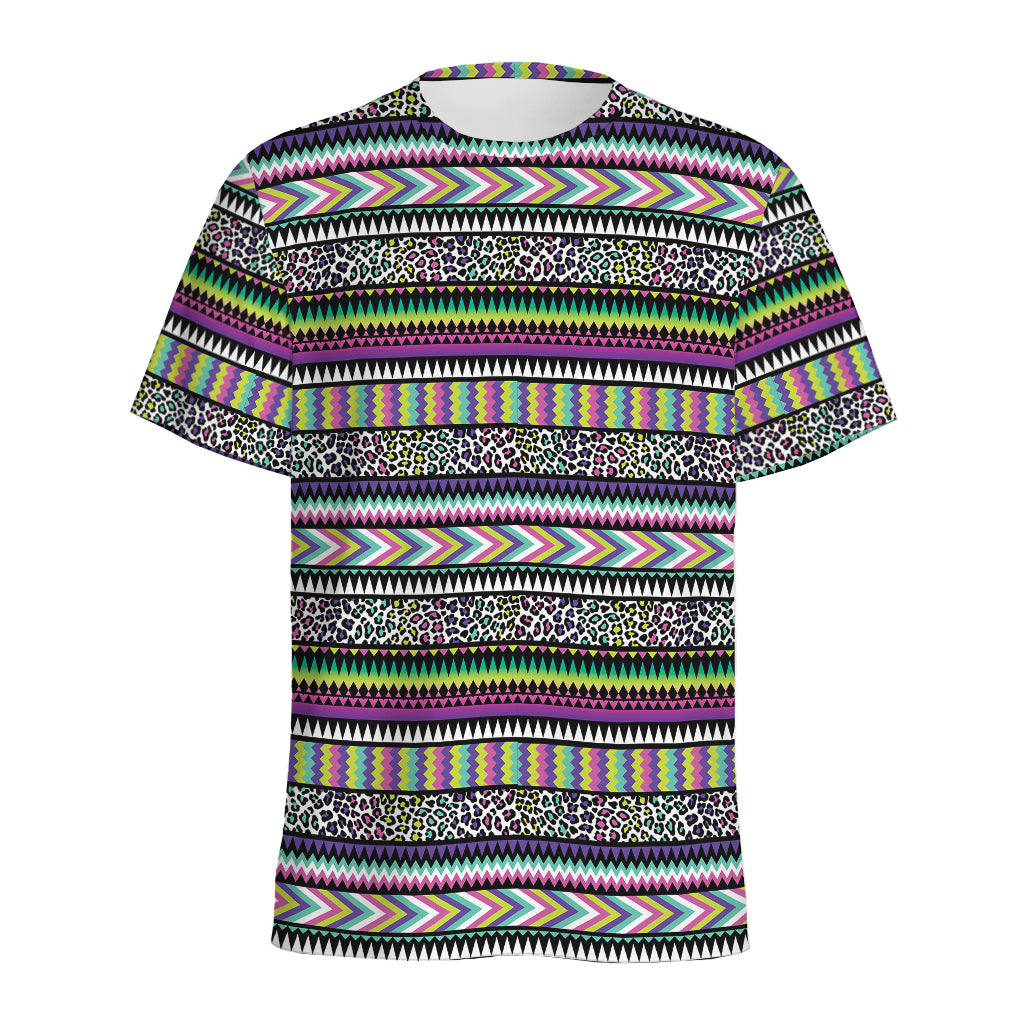 Colorful Leopard Navajo Tribal Print Men's Sports T-Shirt