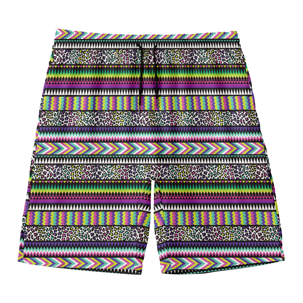 Colorful Leopard Navajo Tribal Print Men's Swim Trunks