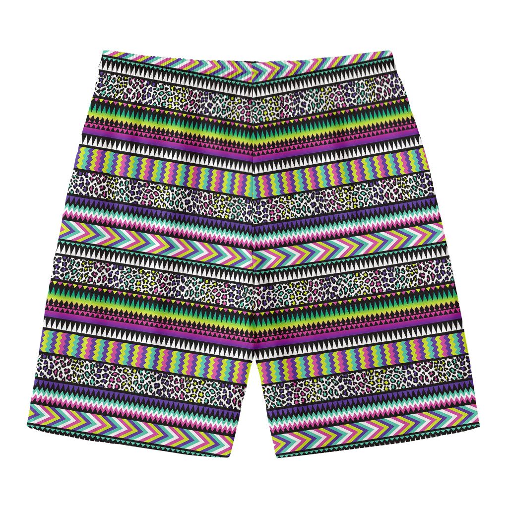 Colorful Leopard Navajo Tribal Print Men's Swim Trunks