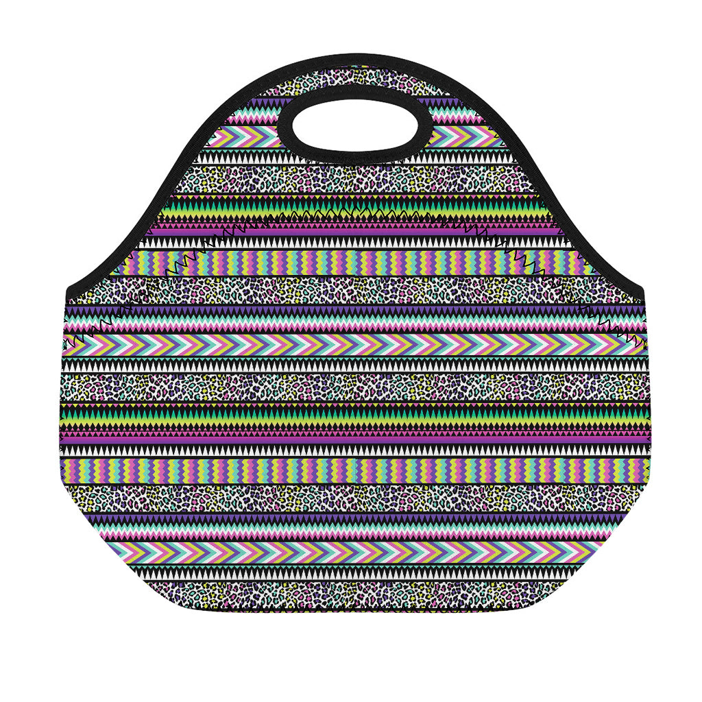Colorful Leopard Navajo Tribal Print Neoprene Lunch Bag