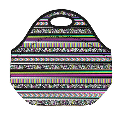 Colorful Leopard Navajo Tribal Print Neoprene Lunch Bag