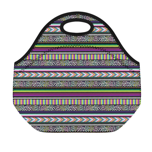 Colorful Leopard Navajo Tribal Print Neoprene Lunch Bag
