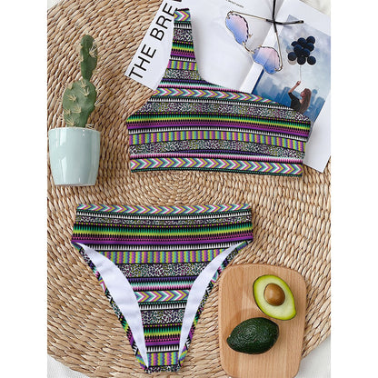 Colorful Leopard Navajo Tribal Print One Shoulder Bikini Top