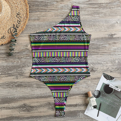 Colorful Leopard Navajo Tribal Print One Shoulder Bodysuit