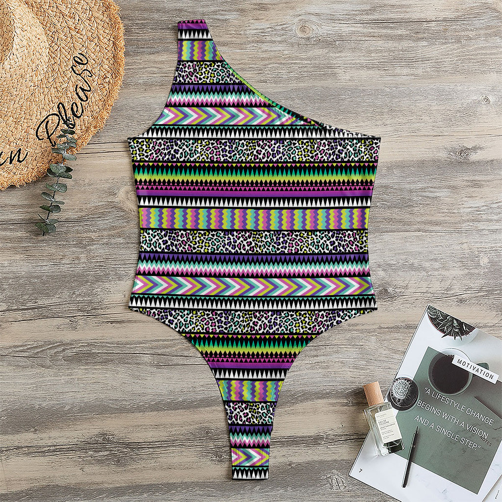 Colorful Leopard Navajo Tribal Print One Shoulder Bodysuit