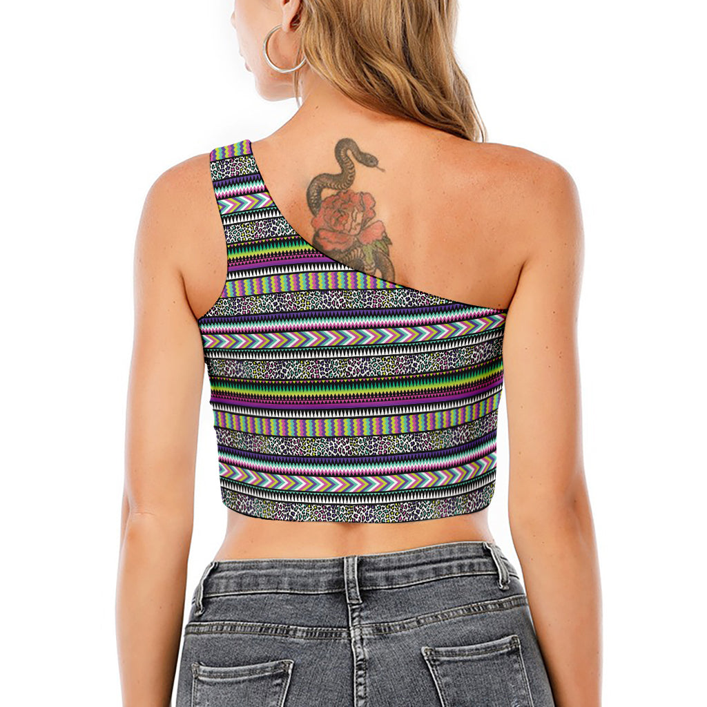 Colorful Leopard Navajo Tribal Print One Shoulder Crop Top