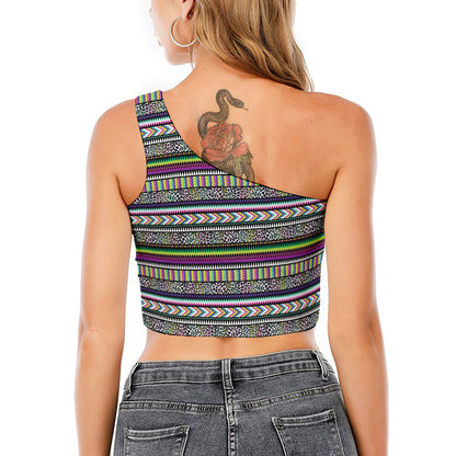 Colorful Leopard Navajo Tribal Print One Shoulder Crop Top