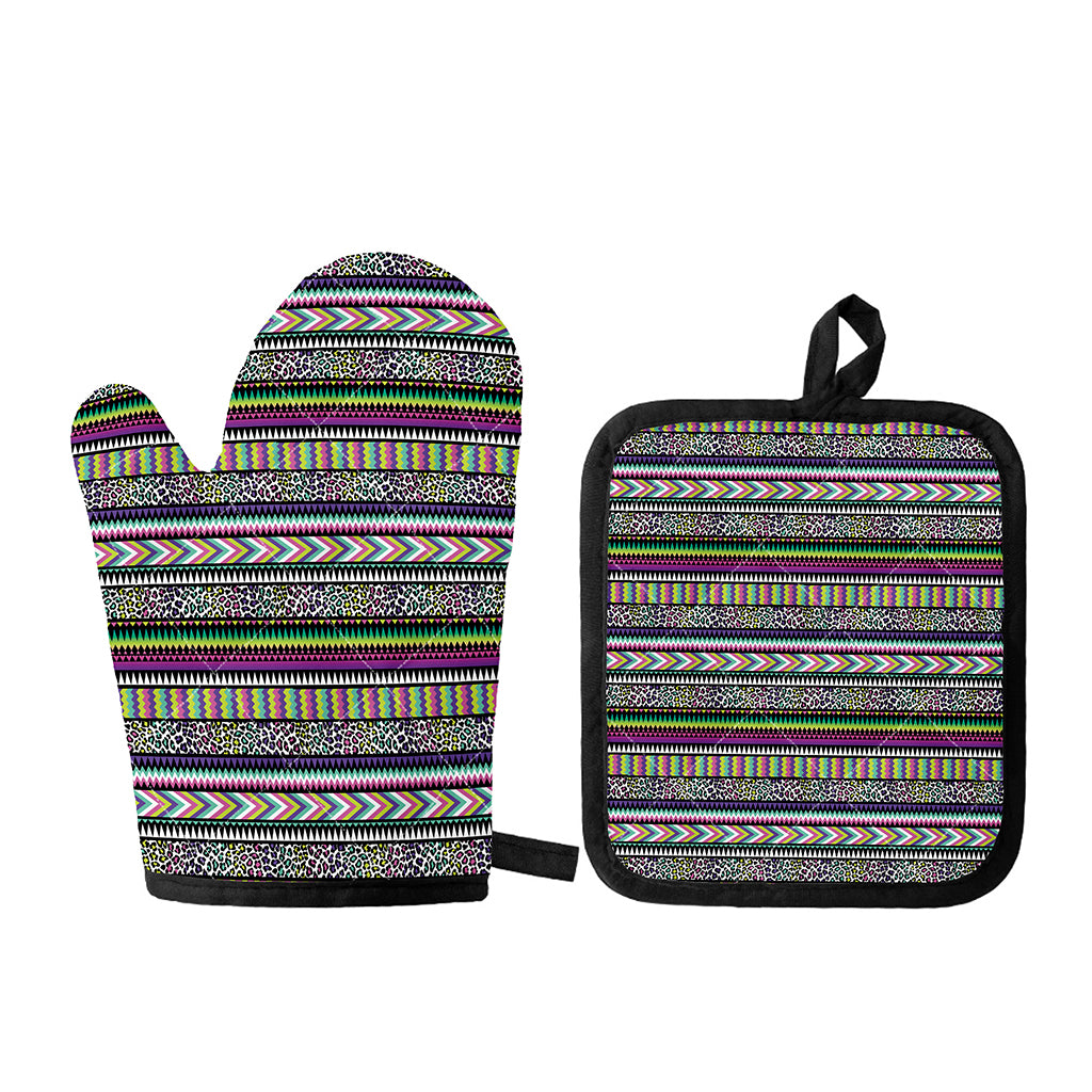 Colorful Leopard Navajo Tribal Print Oven Mitt And Pot Holder Set