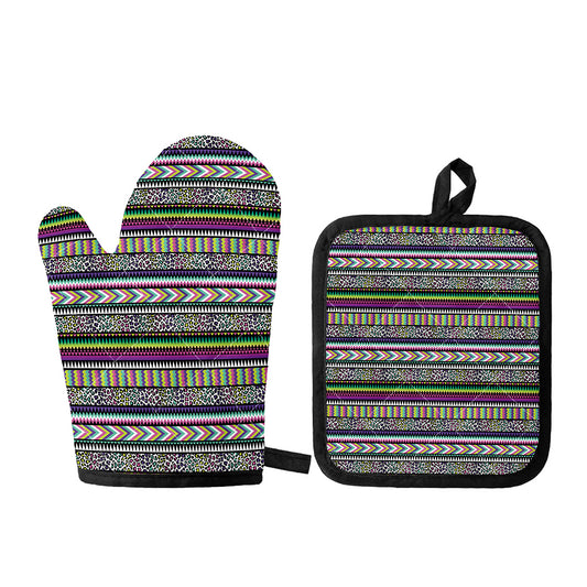 Colorful Leopard Navajo Tribal Print Oven Mitt And Pot Holder Set