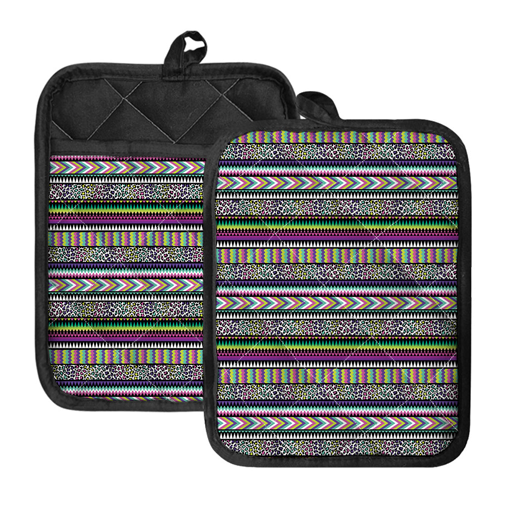 Colorful Leopard Navajo Tribal Print Pot Holders With Pocket