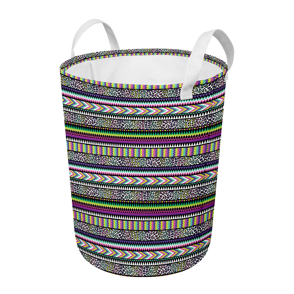 Colorful Leopard Navajo Tribal Print Round Laundry Basket
