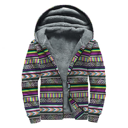 Colorful Leopard Navajo Tribal Print Sherpa Lined Zip Up Hoodie
