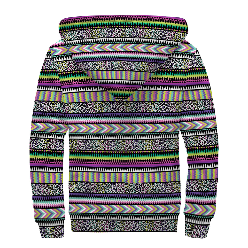 Colorful Leopard Navajo Tribal Print Sherpa Lined Zip Up Hoodie