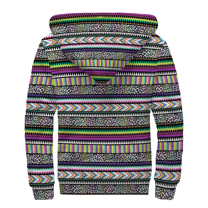 Colorful Leopard Navajo Tribal Print Sherpa Lined Zip Up Hoodie