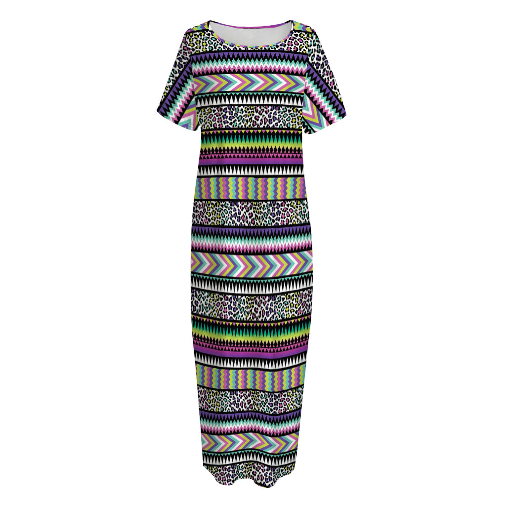 Colorful Leopard Navajo Tribal Print Short Sleeve Long Nightdress