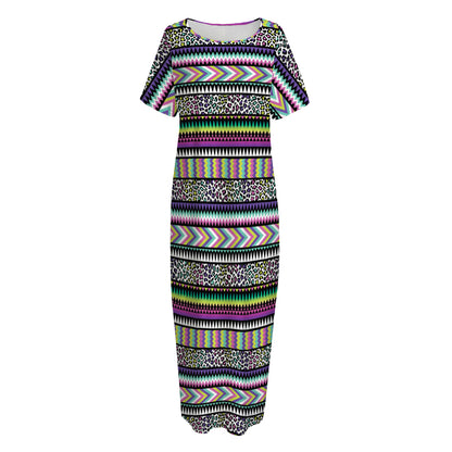 Colorful Leopard Navajo Tribal Print Short Sleeve Long Nightdress