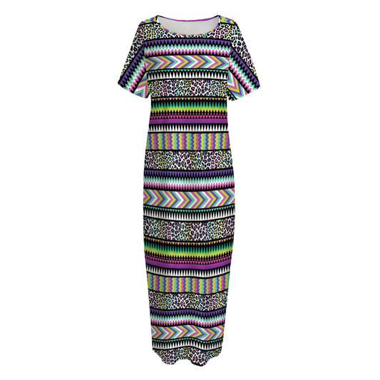 Colorful Leopard Navajo Tribal Print Short Sleeve Long Nightdress