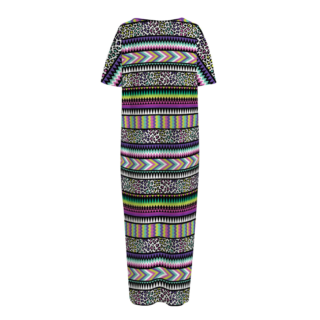 Colorful Leopard Navajo Tribal Print Short Sleeve Long Nightdress