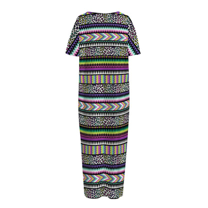 Colorful Leopard Navajo Tribal Print Short Sleeve Long Nightdress