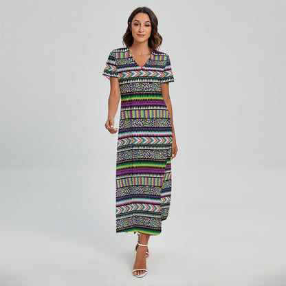 Colorful Leopard Navajo Tribal Print Short Sleeve Maxi Dress