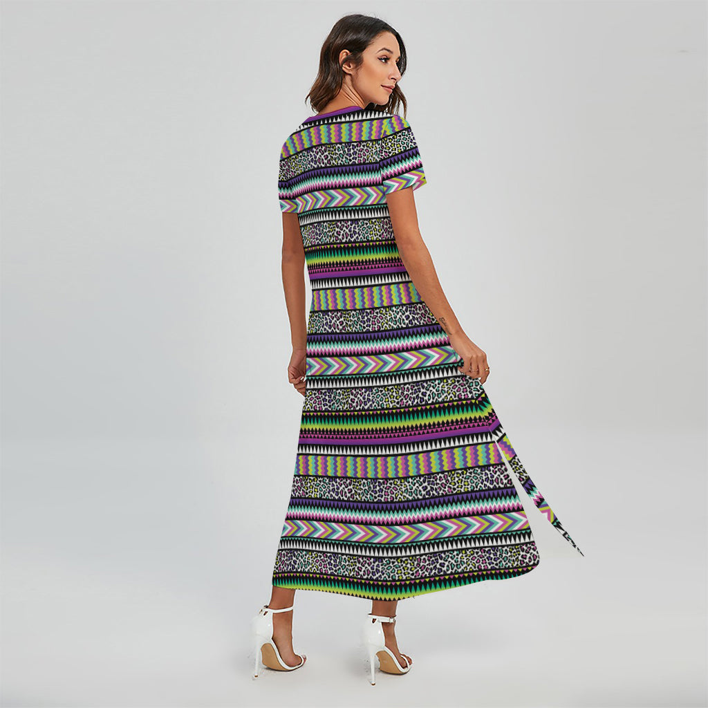 Colorful Leopard Navajo Tribal Print Short Sleeve Maxi Dress