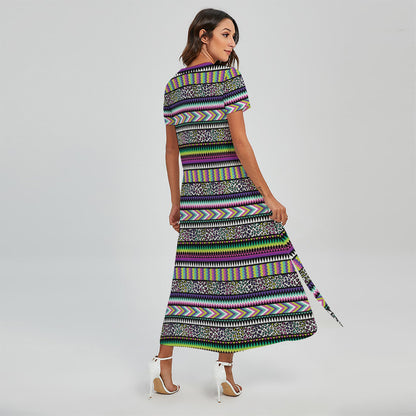 Colorful Leopard Navajo Tribal Print Short Sleeve Maxi Dress
