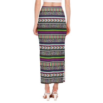 Colorful Leopard Navajo Tribal Print Side Slit Maxi Skirt
