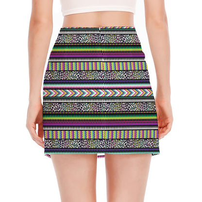 Colorful Leopard Navajo Tribal Print Side Slit Mini Skirt