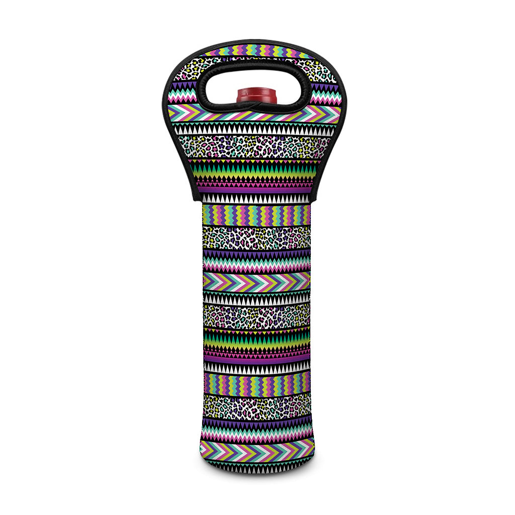 Colorful Leopard Navajo Tribal Print Single Neoprene Wine Tote