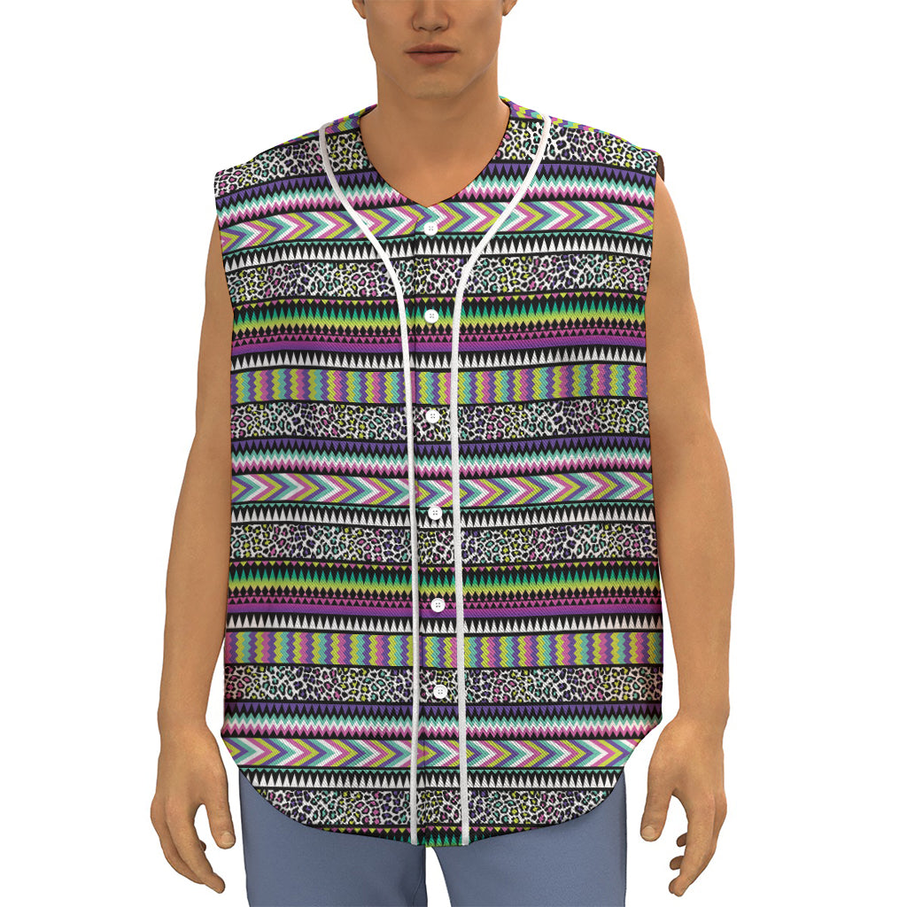 Colorful Leopard Navajo Tribal Print Sleeveless Baseball Jersey