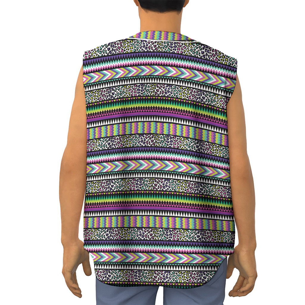 Colorful Leopard Navajo Tribal Print Sleeveless Baseball Jersey