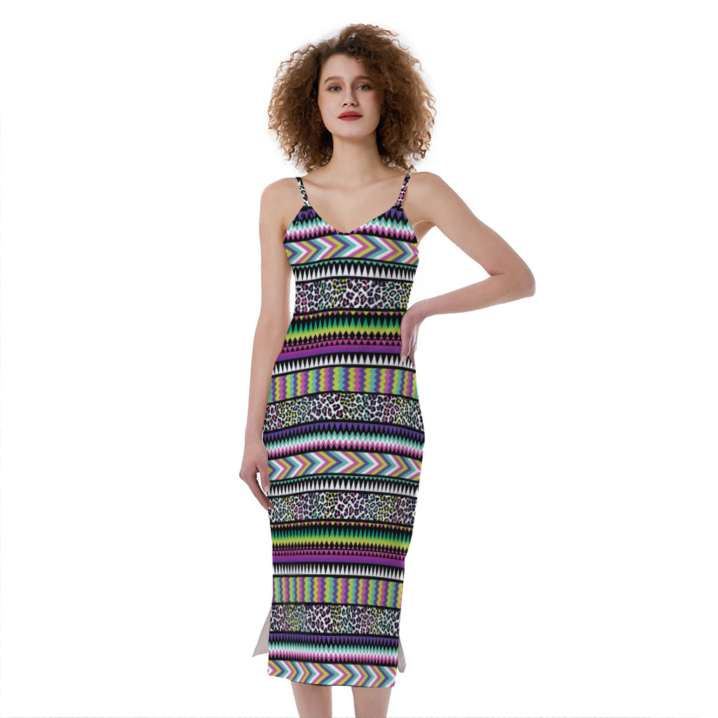 Colorful Leopard Navajo Tribal Print Slim Fit Midi Cami Dress