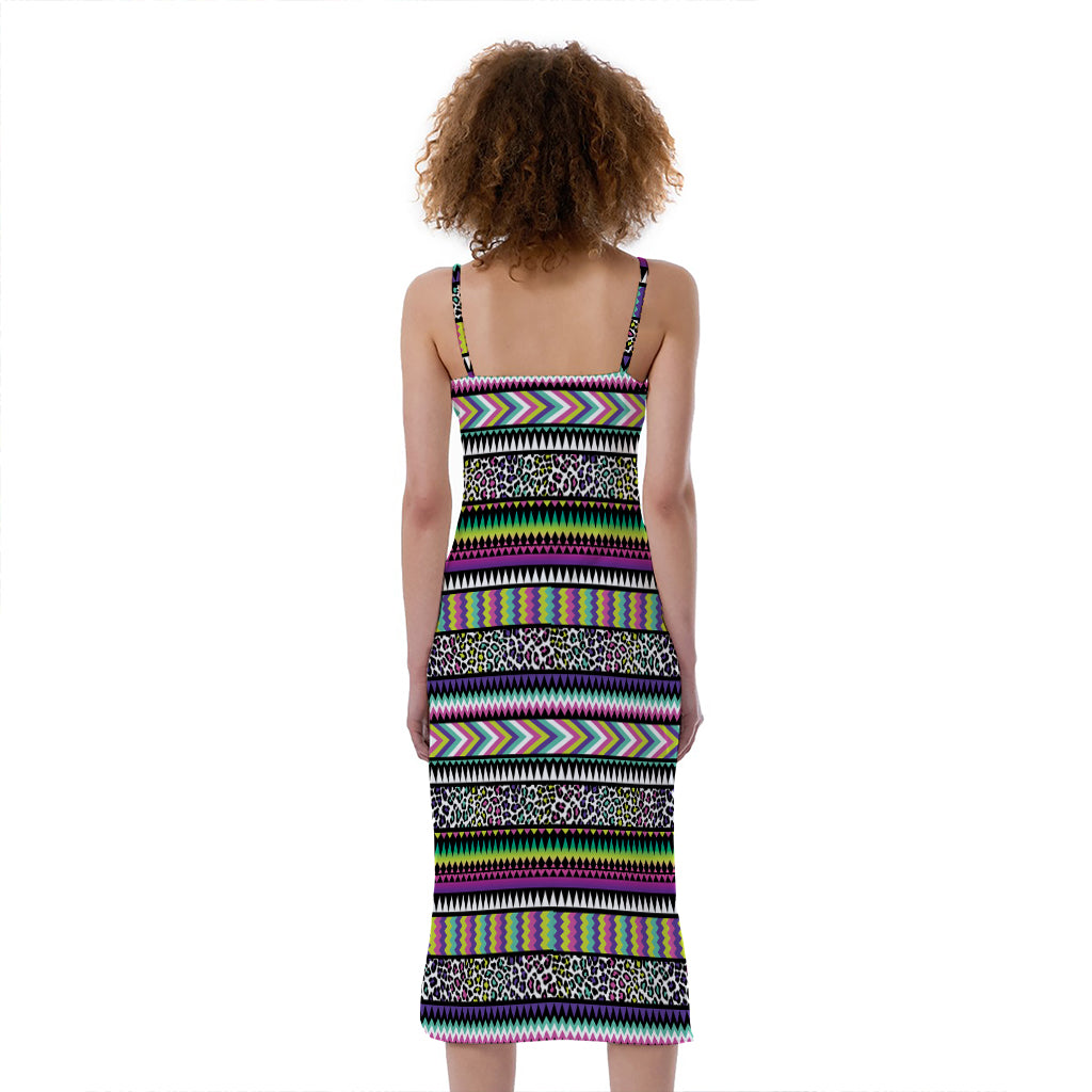 Colorful Leopard Navajo Tribal Print Slim Fit Midi Cami Dress