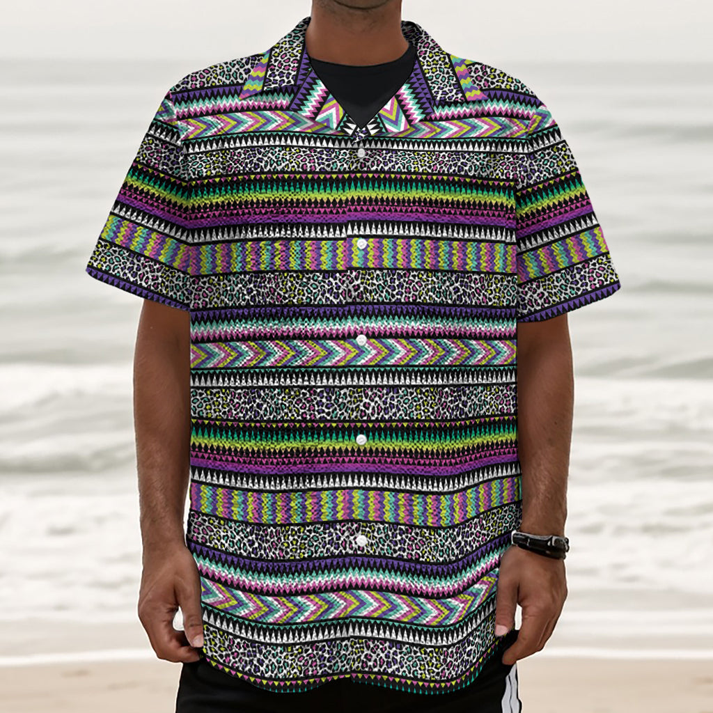 Colorful Leopard Navajo Tribal Print Textured Short Sleeve Shirt