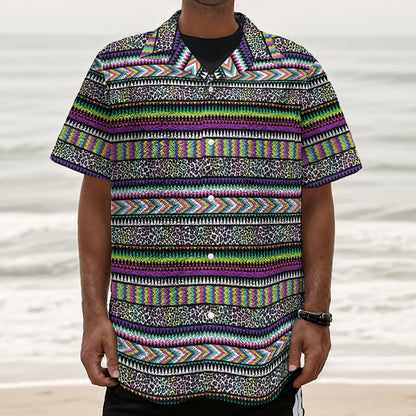 Colorful Leopard Navajo Tribal Print Textured Short Sleeve Shirt
