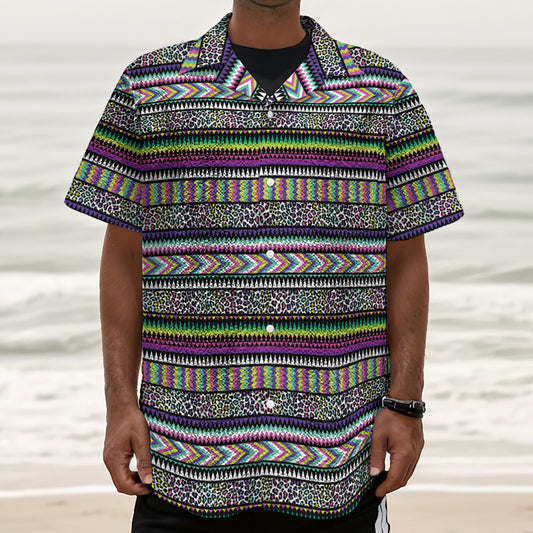 Colorful Leopard Navajo Tribal Print Textured Short Sleeve Shirt