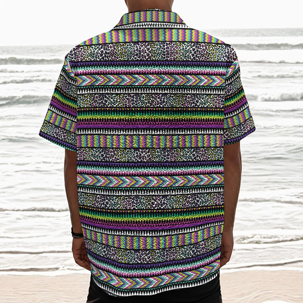 Colorful Leopard Navajo Tribal Print Textured Short Sleeve Shirt