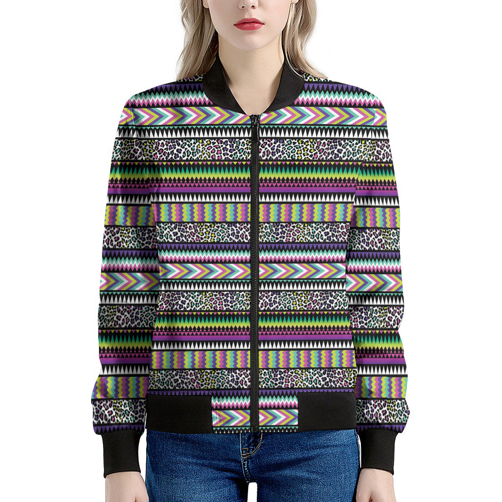 Colorful Leopard Navajo Tribal Print Women's Bomber Jacket