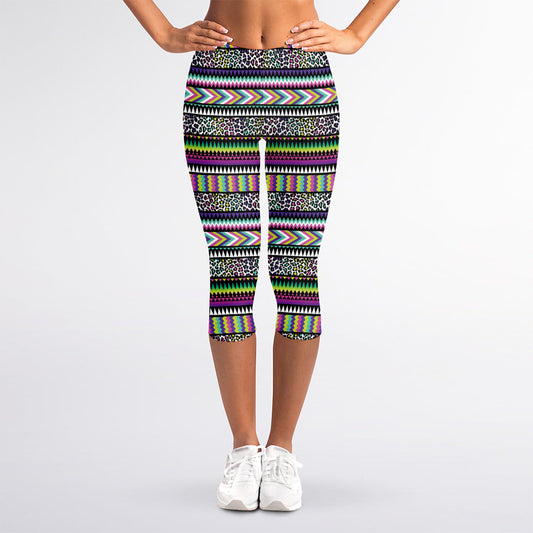 Colorful Leopard Navajo Tribal Print Women's Capri Leggings