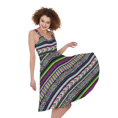 Colorful Leopard Navajo Tribal Print Women's Sleeveless Dress
