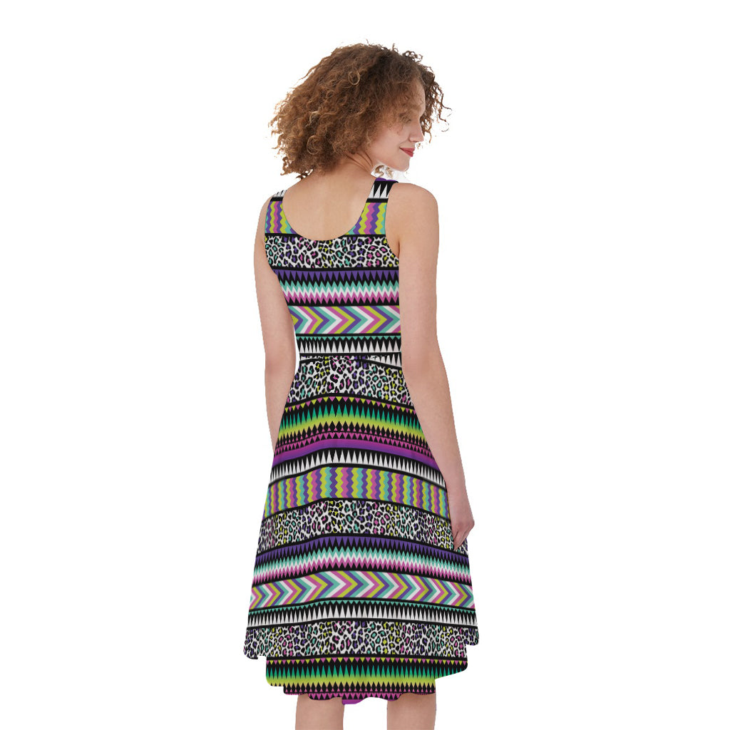 Colorful Leopard Navajo Tribal Print Women's Sleeveless Dress