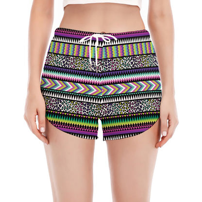 Colorful Leopard Navajo Tribal Print Women's Split Running Shorts